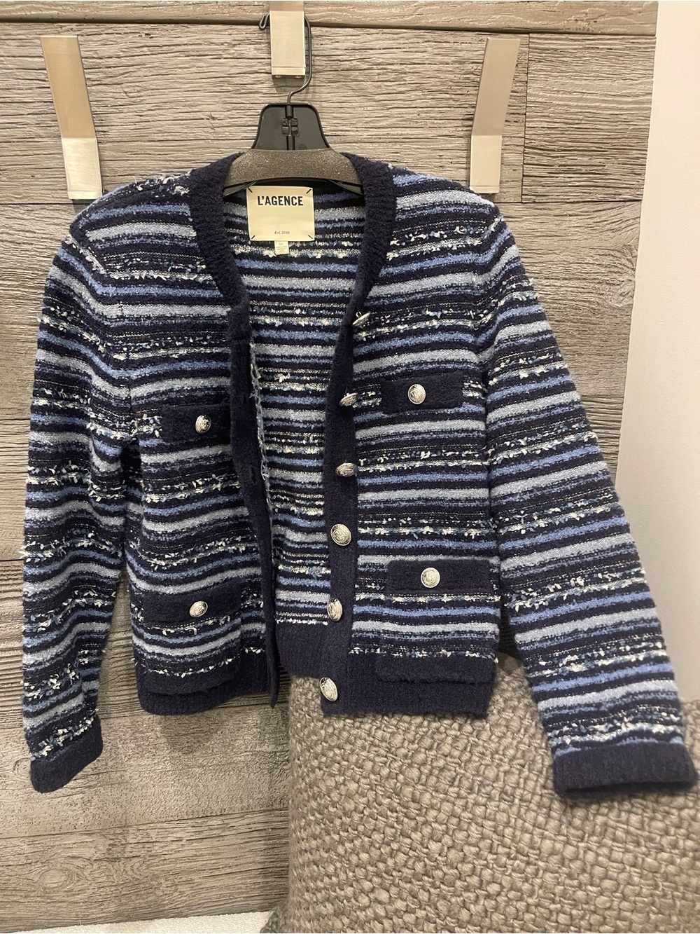 L'AGENCE Navy & Light Blue Striped Tweed-Style Knit Blazer